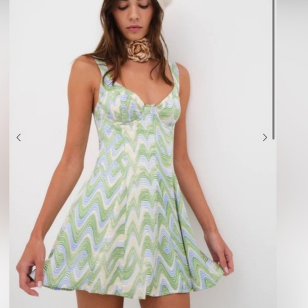 For Love & Lemons Yori Fit And Flare Underwire Mini Dress NWT Green Swirl Size L